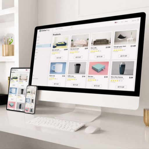 A clean, modern workspace showing responsive web design with a desktop computer and smartphone displaying the same e-commerce website. The screens show a products page featuring a grid layout of various items including furniture and home goods with product images, prices, and star ratings. The setup demonstrates how websites adapt across different devices, representing professional web design and user experience optimization for online retail and digital marketing purposes.