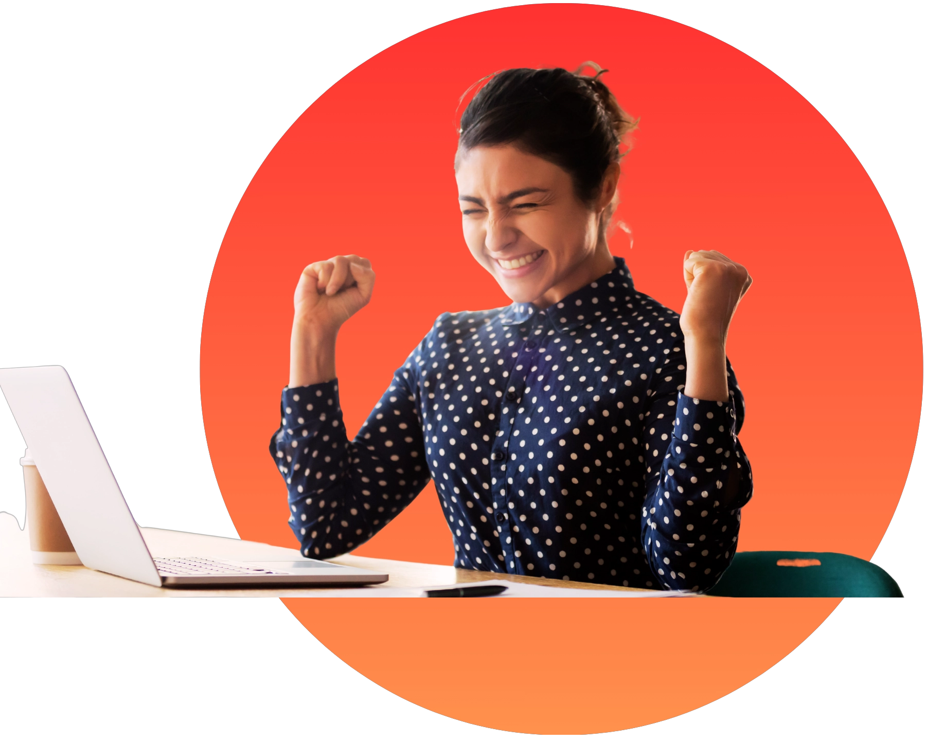 success2 A joyful woman in a navy blue polka dot blouse celebrates at her desk, raising both fists in the air with a big smile while looking at her laptop computer. She's seated at a teal-colored desk against a vibrant red and orange circular background, expressing excitement and achievement - likely representing business success, completed projects, or positive results from digital marketing efforts.