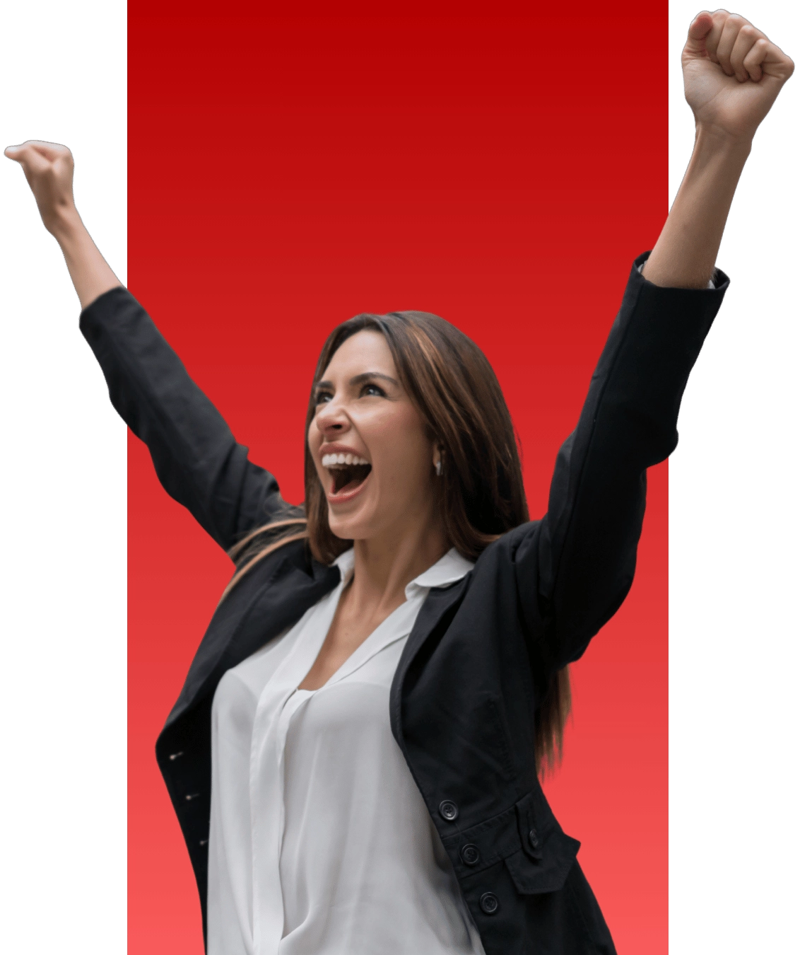 A happy woman exclaiming with joy with her arms raised in triumph because her content strategy is working.
